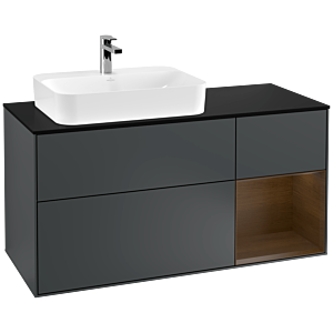 Villeroy und Boch Finion Waschtischunterschrank F402GNHG 120cm, Abdeckplatte black matt, Regal rechts Walnut veneer, Midnight Blue Matt Lacquer