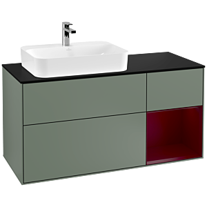 Villeroy und Boch Finion Waschtischunterschrank F402HBGM 120cm, Abdeckplatte black matt, Regal rechts Peony, Olive Matt Lacquer