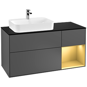 Villeroy und Boch Finion Waschtischunterschrank F402HFGK 120cm, Abdeckplatte black matt, Regal rechts Gold matt, Anthracite matt