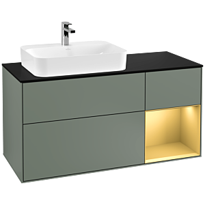 Villeroy und Boch Finion Waschtischunterschrank F402HFGM 120cm, Abdeckplatte black matt, Regal rechts Gold matt, Olive Matt Lacquer