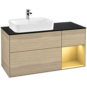 Villeroy und Boch Finion Waschtischunterschrank F402HFPC 120cm, Abdeckplatte black matt, Regal rechts Gold matt, Oak Veneer