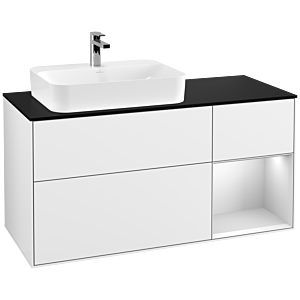 Villeroy und Boch Finion Waschtischunterschrank F402MTGF 120cm, Abdeckplatte black matt, Regal rechts White matt lacquer, Glossy white lacquer