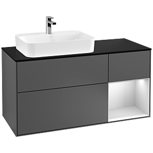 Villeroy und Boch Finion Waschtischunterschrank F402MTGK 120cm, Abdeckplatte black matt, Regal rechts White matt lacquer, Anthracite matt