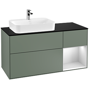 Villeroy und Boch Finion Waschtischunterschrank F402MTGM 120cm, Abdeckplatte black matt, Regal rechts White matt lacquer, Olive Matt Lacquer