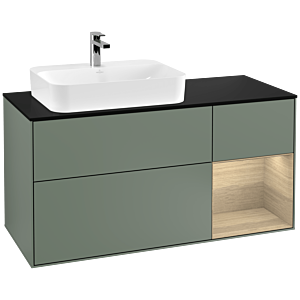 Villeroy und Boch Finion Waschtischunterschrank F402PCGM 120cm, Abdeckplatte black matt, Regal rechts Oak Veneer, Olive Matt Lacquer