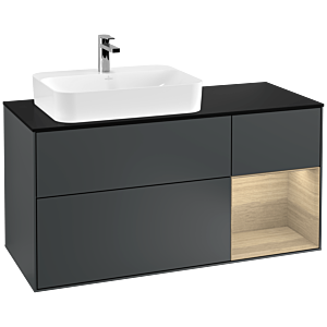 Villeroy und Boch Finion Waschtischunterschrank F402PCHG 120cm, Abdeckplatte black matt, Regal rechts Oak Veneer, Midnight Blue Matt Lacquer
