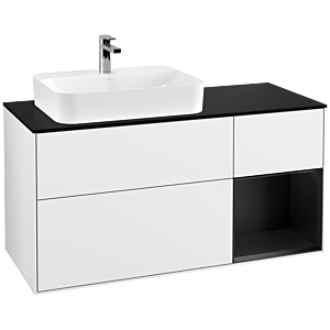 Villeroy und Boch Finion Waschtischunterschrank F402PDGF 120cm, Abdeckplatte black matt, Regal rechts Black matt lacquer, Glossy white lacquer