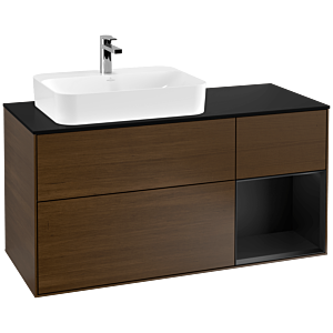 Villeroy und Boch Finion Waschtischunterschrank F402PDGN 120cm, Abdeckplatte black matt, Regal rechts Black matt lacquer, Walnut veneer