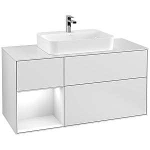 Villeroy und Boch Finion Waschtischunterschrank F411GFMT 120cm, Abdeckplatte white matt, Regal links Glossy white lacquer, White matt lacquer