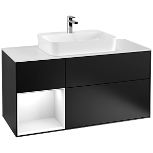 Villeroy und Boch Finion Waschtischunterschrank F411GFPD 120cm, Abdeckplatte white matt, Regal links Glossy white lacquer, Black matt lacquer
