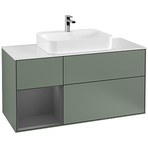 Villeroy und Boch Finion Waschtischunterschrank F411GKGM 120cm, Abdeckplatte white matt, Regal links Anthracite matt, Olive Matt Lacquer