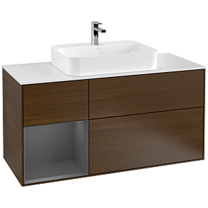 Villeroy und Boch Finion Waschtischunterschrank F411GKGN 120cm, Abdeckplatte white matt, Regal links Anthracite matt, Walnut veneer