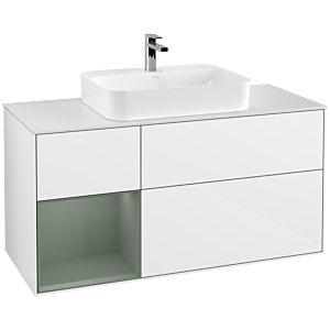 Villeroy and Boch Finion Villeroy and Boch Finion F411GMGF 120cm, cover plate matt white, shelf on the left Olive Matt Lacquer , glossy white lacquer