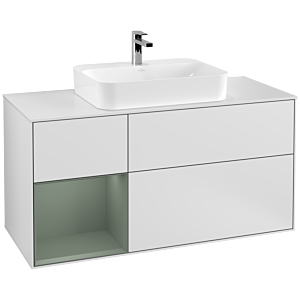 Villeroy et Boch Finion Villeroy et Boch F411GMMT 120cm, plaque de recouvrement blanc mat, étagère gauche Olive Matt Lacquer , laqué blanc mat