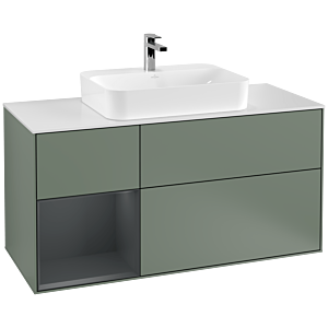 Villeroy et Boch Finion Villeroy et Boch F411HGGM 120cm, plaque de finition blanc mat, étagère gauche Midnight Blue Matt Lacquer , Olive Matt Lacquer