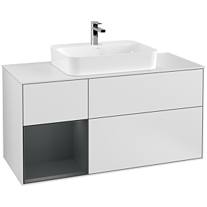 Villeroy und Boch Finion Waschtischunterschrank F411HGMT 120cm, Abdeckplatte white matt, Regal links Midnight Blue Matt Lacquer, White matt lacquer