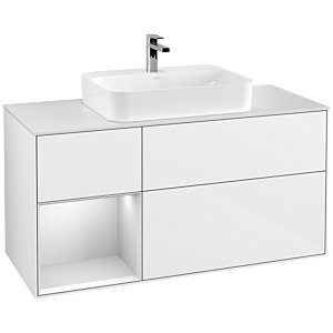 Villeroy et Boch Finion Villeroy et Boch F411MTGF 120cm, plaque de recouvrement blanc mat, étagère gauche laqué blanc mat, laqué blanc brillant
