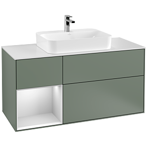 Villeroy und Boch Finion Waschtischunterschrank F411MTGM 120cm, Abdeckplatte white matt, Regal links White matt lacquer, Olive Matt Lacquer