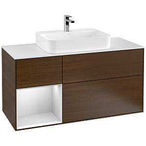 Villeroy und Boch Finion Waschtischunterschrank F411MTGN 120cm, Abdeckplatte white matt, Regal links White matt lacquer, Walnut veneer