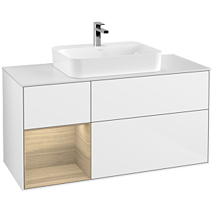 Villeroy und Boch Finion Waschtischunterschrank F411PCGF 120cm, Abdeckplatte white matt, Regal links Oak Veneer, Glossy white lacquer