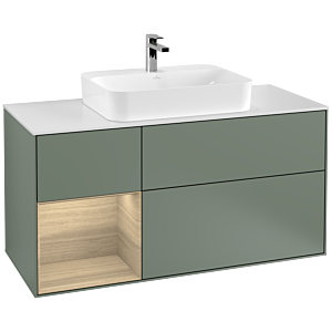 Villeroy et Boch Finion Villeroy et Boch F411PCGM 120cm, plaque de finition blanc mat, étagère à gauche Oak Veneer , Olive Matt Lacquer