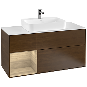 Villeroy und Boch Finion Waschtischunterschrank F411PCGN 120cm, Abdeckplatte white matt, Regal links Oak Veneer, Walnut veneer