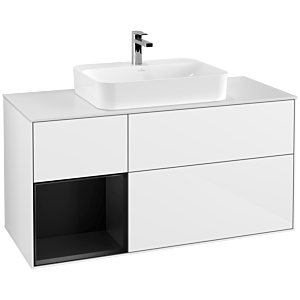 Villeroy und Boch Finion Waschtischunterschrank F411PDGF 120cm, Abdeckplatte white matt, Regal links Black matt lacquer, Glossy white lacquer