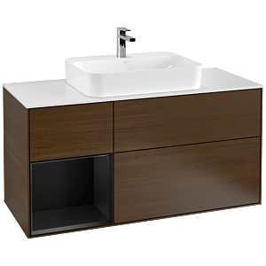 Villeroy und Boch Finion Waschtischunterschrank F411PDGN 120cm, Abdeckplatte white matt, Regal links Black matt lacquer, Walnut veneer