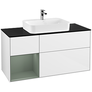 Villeroy et Boch Finion Villeroy et Boch F412GMGF 120cm, plaque de finition noir mat, étagère gauche Olive Matt Lacquer , laqué blanc brillant