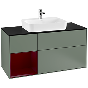 Villeroy und Boch Finion Waschtischunterschrank F412HBGM 120cm, Abdeckplatte black matt, Regal links Peony, Olive Matt Lacquer