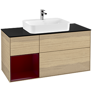 Villeroy und Boch Finion Waschtischunterschrank F412HBPC 120cm, Abdeckplatte black matt, Regal links Peony, Oak Veneer