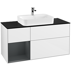 Villeroy und Boch Finion Waschtischunterschrank F412HGGF 120cm, Abdeckplatte black matt, Regal links Midnight Blue Matt Lacquer, Glossy white lacquer
