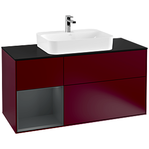 Villeroy und Boch Finion Waschtischunterschrank F412HGHB 120cm, Abdeckplatte black matt, Regal links Midnight Blue Matt Lacquer, Peony Matt