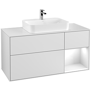 Villeroy und Boch Finion Waschtischunterschrank F421GFMT 120cm, Abdeckplatte white matt, Regal rechts Glossy white lacquer, White matt lacquer