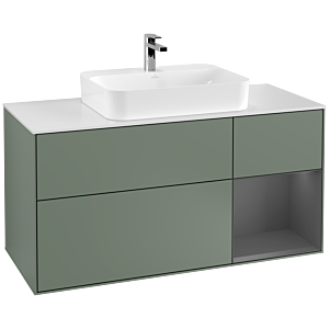 Villeroy und Boch Finion Waschtischunterschrank F421GKGM 120cm, Abdeckplatte white matt, Regal rechts Anthracite matt, Olive Matt Lacquer