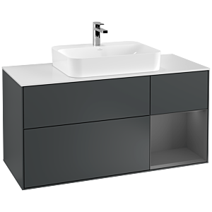 Villeroy und Boch Finion Waschtischunterschrank F421GKHG 120cm, Abdeckplatte white matt, Regal rechts Anthracite matt, Midnight Blue Matt Lacquer