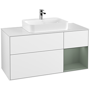 Villeroy und Boch Finion Waschtischunterschrank F421GMGF 120cm, Abdeckplatte white matt, Regal rechts Olive Matt Lacquer, Glossy white lacquer
