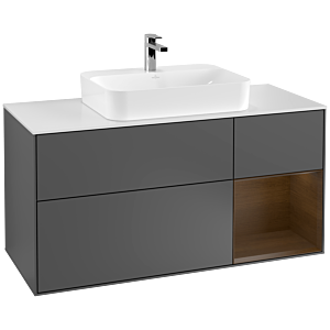 Villeroy und Boch Finion Waschtischunterschrank F421GNGK 120cm, Abdeckplatte white matt, Regal rechts Walnut veneer, Anthracite matt
