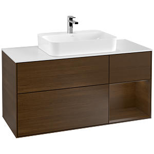 Villeroy und Boch Finion Waschtischunterschrank F421GNGN 120cm, Abdeckplatte white matt, Regal rechts Walnut veneer, Walnut veneer