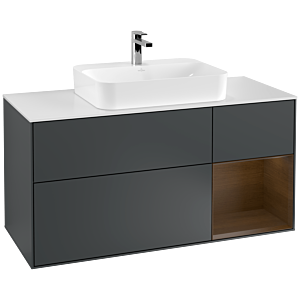 Villeroy und Boch Finion Waschtischunterschrank F421GNHG 120cm, Abdeckplatte white matt, Regal rechts Walnut veneer, Midnight Blue Matt Lacquer