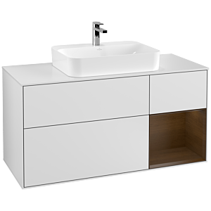 Villeroy und Boch Finion Waschtischunterschrank F421GNMT 120cm, Abdeckplatte white matt, Regal rechts Walnut veneer, White matt lacquer