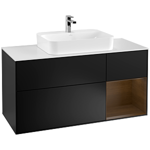 Villeroy und Boch Finion Waschtischunterschrank F421GNPD 120cm, Abdeckplatte white matt, Regal rechts Walnut veneer, Black matt lacquer