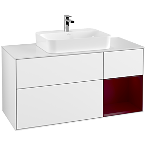 Villeroy und Boch Finion Waschtischunterschrank F421HBGF 120cm, Abdeckplatte white matt, Regal rechts Peony, Glossy white lacquer