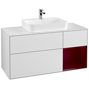 Villeroy und Boch Finion Waschtischunterschrank F421HBMT 120cm, Abdeckplatte white matt, Regal rechts Peony, White matt lacquer