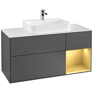 Villeroy und Boch Finion Waschtischunterschrank F421HFGK 120cm, Abdeckplatte white matt, Regal rechts Gold matt, Anthracite matt