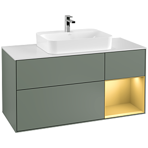 Villeroy und Boch Finion Waschtischunterschrank F421HFGM 120cm, Abdeckplatte white matt, Regal rechts Gold matt, Olive Matt Lacquer