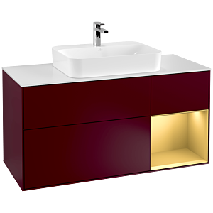 Villeroy und Boch Finion Waschtischunterschrank F421HFHB 120cm, Abdeckplatte white matt, Regal rechts Gold matt, Peony Matt