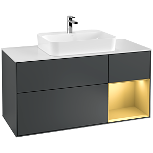 Villeroy und Boch Finion Waschtischunterschrank F421HFHG 120cm, Abdeckplatte white matt, Regal rechts Gold matt, Midnight Blue Matt Lacquer