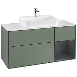 Villeroy und Boch Finion Waschtischunterschrank F421HGGM 120cm, Abdeckplatte white matt, Regal rechts Midnight Blue Matt Lacquer, Olive Matt Lacquer