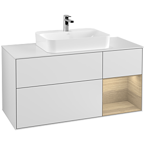 Villeroy und Boch Finion Waschtischunterschrank F421PCMT 120cm, Abdeckplatte white matt, Regal rechts Oak Veneer, White matt lacquer